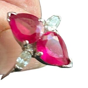 Vintage Ring Double Ruby Hearts W/Clear Crystals Silver Electroplate 18 KCE Sz 6